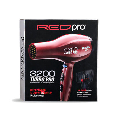 Red Pro By Kiss 3200 Turbo Ac Detangler Pik Hair Blow Dryer 3 Attachments #Bdp03
