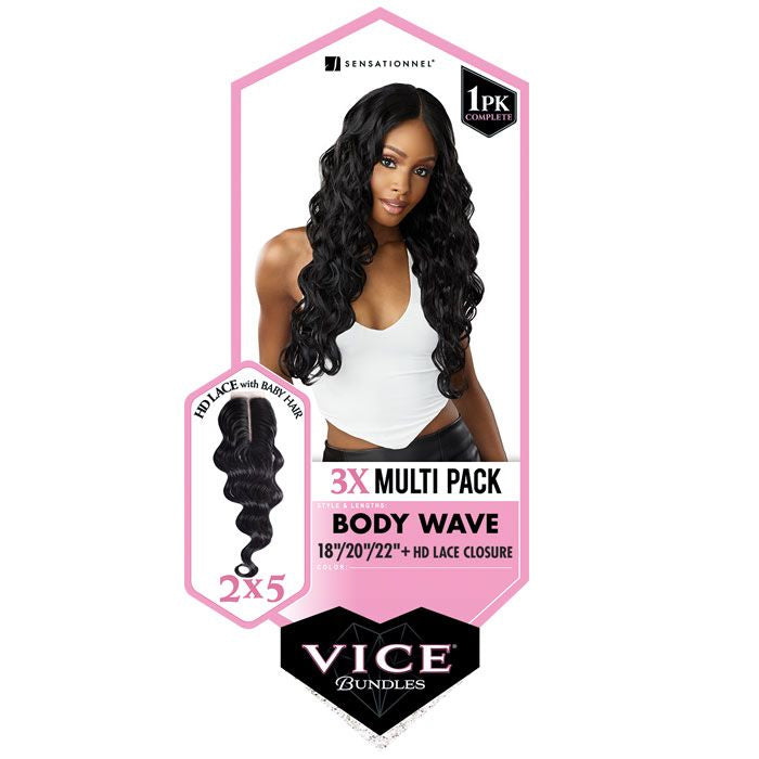 Sensationnel Vice Bundles 3x Multi Pack Weave + Hd Lace Closure - Body Wave 18", 20", 22"