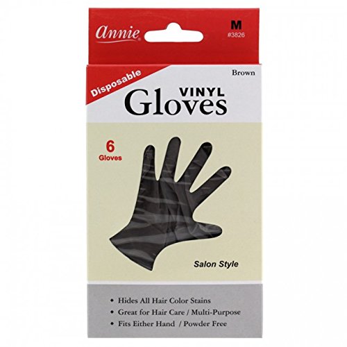 Annie Disposable Vinyl Gloves Powder Free 6 Count Brown Salon Style [#3826 Medium]