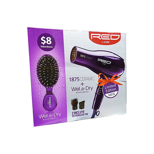 Red By Kiss 1875 Ceramic Hair Blow Dryer + Wet To Dry Boar Brush #Bd01X